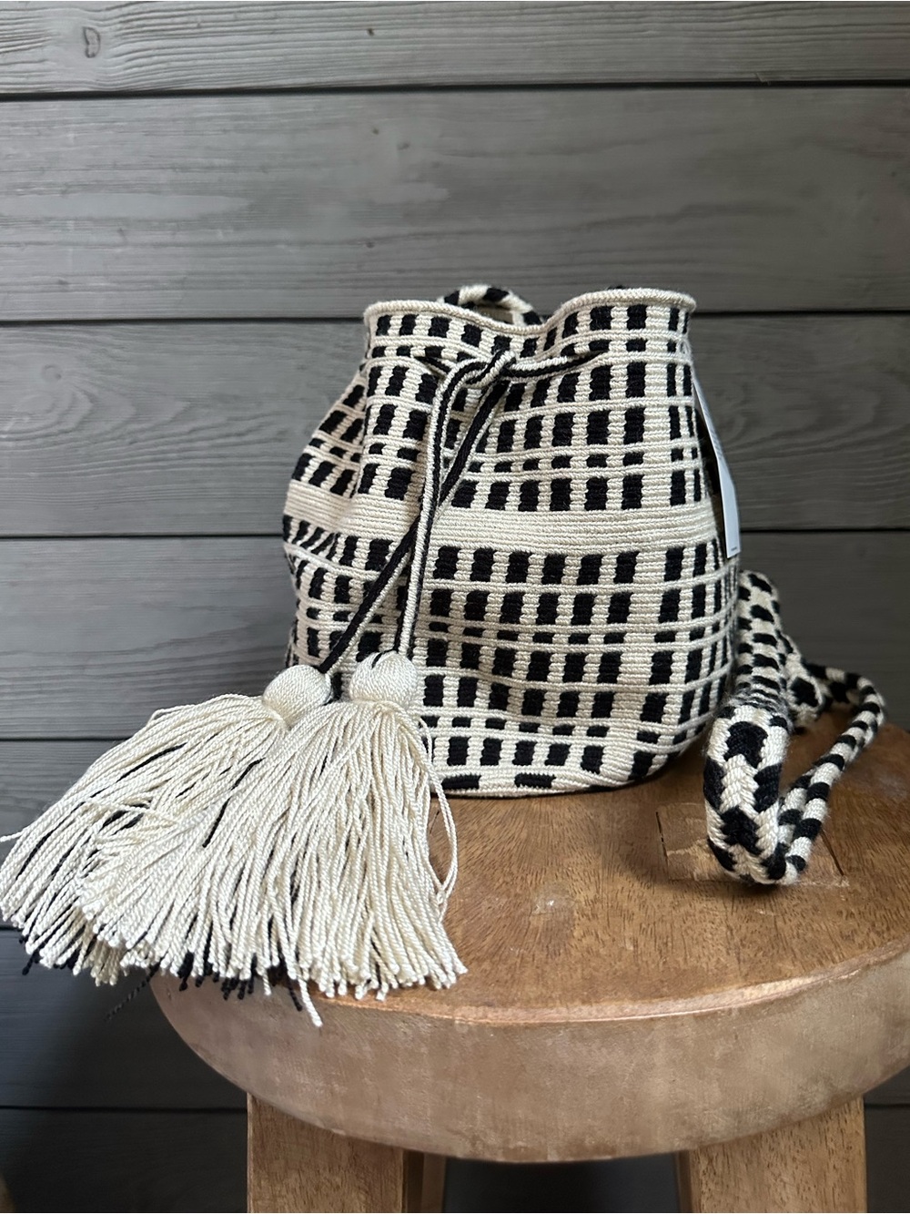 NWT Guanabana Handwoven Black and Cream Bucket Crossbody Bag